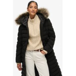 Superdry Femme Fuji Doudoune Longue Capuche Fourrure Black Taille: 40