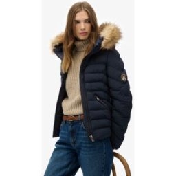 Superdry Femme Doudoune Fuji à Capuche Fourrure Synthétique Navy Taille: 36