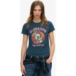 Superdry Femme T-shirt Ajusté à Strass Effet Tatouage Bleu Marine Taille: 42