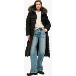 Superdry Femme Veste Longue à Capuche en Fausse Fourrure Fuji Noir Taille: 42