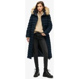 Superdry Femme Veste Longue à Capuche en Fausse Fourrure Fuji Bleu Marine Taille: 38