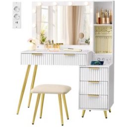 VASAGLE Coiffeuse avec miroir LED tabouret et tiroirs pour maquillage pratique
