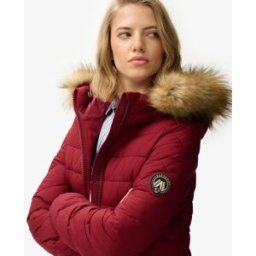 Superdry Femme Manteau Mi-long Fuji à Capuche en Fausse Fourrure Red Taille: 44