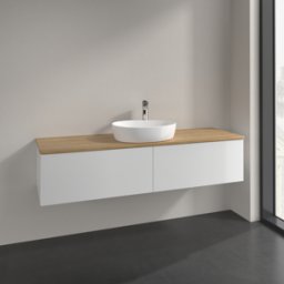 Villeroy und Boch Meuble sous-vasque Villeroy et Boch Antao L36051GF 160x36x50cm, trou pour robinetterie, plan vasque couleur chêne miel, laqué blanc brillant