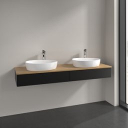 Villeroy und Boch Villeroy et Boch Antao meuble sous-vasque L17051PD 160x19x50cm, trou pour robinetterie, plan de vasque couleur chêne miel, laqué noir mat, avec éclairage