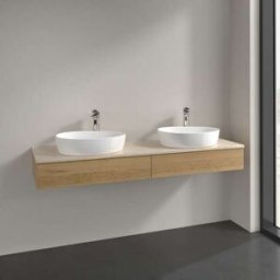 Villeroy und Boch Meuble vasque Villeroy & Boch Antao L17053HN avec éclairage, 2 tiroirs, 1600 x 190 x 500 mm, façade lisse, chêne miel / Botticino