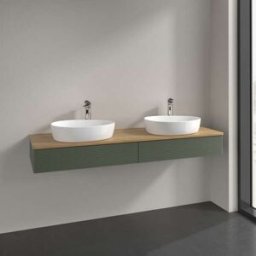 Villeroy und Boch Meuble vasque Villeroy & Boch Antao L17151HL avec éclairage, 2 tiroirs, 1600 x 190 x 500 mm, façade texturée, laque mate Vert Feuille / Chêne Miel