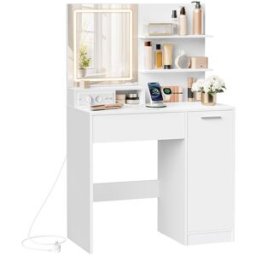VASAGLE Table de maquillage avec miroir et rangement, Blanc / Avec LED
