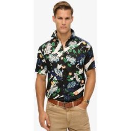 Superdry Noir et Blanc Graphisme Imprimé Homme Chemise Hawaïenne à Manches Courtes, Pour Des Hommes, Taille: L