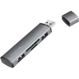 LogiLink UA0394 Hub USB 4 ports USB-A, SD, microSD USB 3.2 Gen2 10 GBit/s boîtier en aluminium, avec lecteur de carte SD intégré, avec LEDs de statut gris