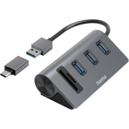 Hama 00200140 Hub USB 5 ports USB-A, microSD, SD USB 3.2 Gen1 5 GBit/s avec lecteur de carte SD intégré, avec fiche mâle USB-C gris