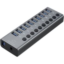 Renkforce RF-6027504 Hub USB 10 ports USB-A USB 3.1 Gen2 10 GBit/s commutable individuellement, boîtier en aluminium argent-noir RF-6027504