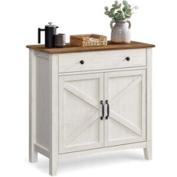 VASAGLE Buffet style campagne avec portes et étagère réglable, Blanc Rustique + Marron Miel / 2 Portes (40 x 80 x 80 cm)