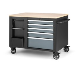 Chariot à outils mobile HBM avec établi de 114 cm et plan de travail en bois, noir/gris