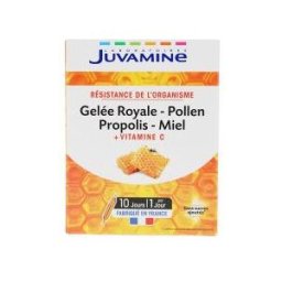 Juvamine Gelée Royale Pollen Propolis Miel Vitamine C Résistance de l'organisme 10 Ampoules x 10 ml - Boîte 10 ampoules de 10 ml