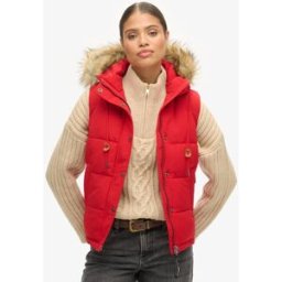 Superdry Femme Doudoune Sans Manches à Fausse Fourrure Everest Rouge Taille: 36