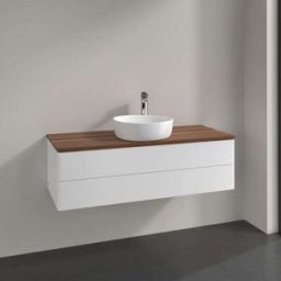 Villeroy und Boch Meuble vasque Villeroy & Boch Antao L21012MT avec éclairage, 2 tiroirs, 1200 x 360 x 500 mm, façade lisse, laque blanche mate / noyer chaud