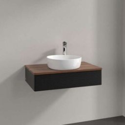 Villeroy und Boch Meuble vasque Villeroy & Boch Antao L08152PD avec éclairage, 1 tiroir, 800 x 190 x 500 mm, façade texturée, laque noire mate / noyer chaud