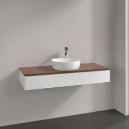 Villeroy und Boch Meuble vasque Villeroy & Boch Antao L10152MT avec éclairage, 1 tiroir, 1200 x 190 x 500 mm, façade texturée, laque blanche mate / noyer chaud