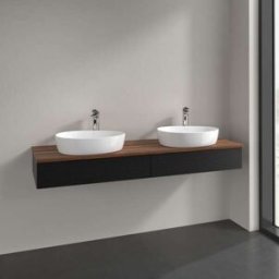Villeroy und Boch Meuble vasque Villeroy & Boch Antao L17152PD avec éclairage, 2 tiroirs, 1600 x 190 x 500 mm, façade texturée, laque noire mate / noyer chaud