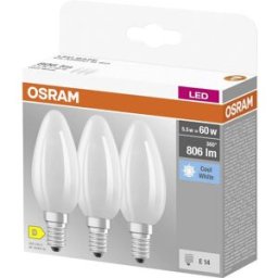 OSRAM HOMELIGHTING 4058075592575 LED CEE D (A - G) E14 forme de flamme 5.5 W = 60 W blanc froid (Ø x L) 35 mm x 100 mm 3 pc(s)