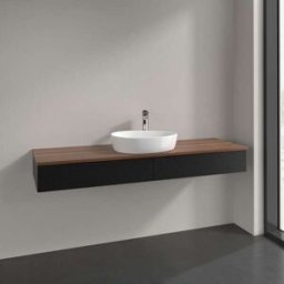 Villeroy und Boch Meuble vasque Villeroy & Boch Antao L14112PD avec éclairage, 2 tiroirs, 1600 x 190 x 500 mm, façade texturée, laque noire mate / noyer chaud