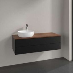 Villeroy und Boch Meuble vasque Villeroy & Boch Antao L22012PD avec éclairage, 2 tiroirs, 1200 x 360 x 500 mm, façade lisse, laque noire mate / noyer chaud