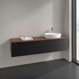 Villeroy und Boch Meuble vasque Villeroy & Boch Antao L27152PD avec éclairage, 4 tiroirs, 1600 x 360 x 500 mm, façade texturée, laque noire mate / noyer chaud