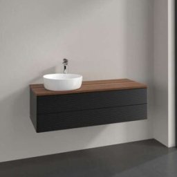 Villeroy und Boch Meuble vasque Villeroy & Boch Antao L22152PD avec éclairage, 2 tiroirs, 1200 x 360 x 500 mm, façade texturée, laque noire mate / noyer chaud