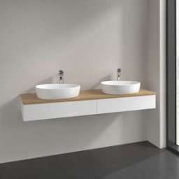 Villeroy und Boch Meuble vasque Villeroy & Boch Antao L17151MT avec éclairage, 2 tiroirs, 1600 x 190 x 500 mm, façade texturée, laque blanche mate / chêne miel