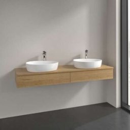 Villeroy und Boch Meuble vasque Villeroy & Boch Antao L17151HN avec éclairage, 2 tiroirs, 1600 x 190 x 500 mm, façade texturée, Chêne Miel / Chêne Miel