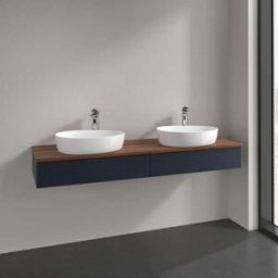 Villeroy und Boch Meuble vasque Villeroy & Boch Antao L17152HG avec éclairage, 2 tiroirs, 1600 x 190 x 500 mm, façade texturée, laque mate bleu nuit / noyer chaud