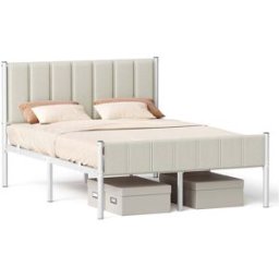 VASAGLE Cadre de lit avec tête rembourrée en acier, Beige Cappuccino / 140l x 190L cm