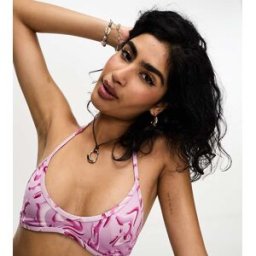 Exclusivité ASOS - Weekday - Jet - Haut de bikini dos nu - Imprimé ondulé rose 2XS