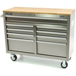 HBM servante d’atelier mobile avec plan de travail en bois, 117 cm, acier inoxydable