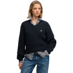 Superdry Pull à Col En V Oversized Cable Eclipse Navy S Femme
