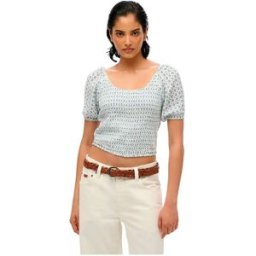 Superdry Blouse à Manches Courtes Smocked Diamond Tile Blue L Femme