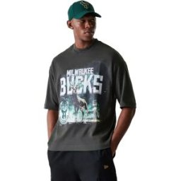 New Era T-shirt à Manches Courtes Nba Washed Graphic Milwaukee Bucks Grey L Homme