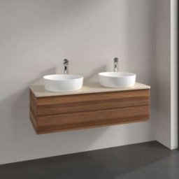 Villeroy und Boch Meuble vasque Villeroy & Boch Antao L24013HM avec éclairage, 2 tiroirs, 1200 x 360 x 500 mm, façade lisse, Noyer chaud / Botticino