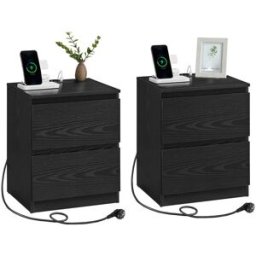 VASAGLE Table de chevet avec 2 prises secteur et 2 ports USB-A, Noir Boisé / 2