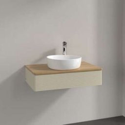 Villeroy und Boch Meuble vasque Villeroy & Boch Antao L08151HJ avec éclairage, 1 tiroir, 800 x 190 x 500 mm, façade texturée, laque mate Gris Soie / Chêne Miel