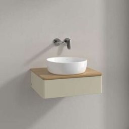 Villeroy und Boch Meuble vasque Villeroy & Boch Antao L07011HJ avec éclairage, 1 tiroir, 600 x 190 x 500 mm, façade lisse, laque mate Gris Soie / Chêne Miel
