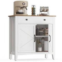VASAGLE Buffet style campagne avec portes et étagère réglable, Blanc Nuage + Marron MielBlanc Nuage + Marron Miel / 2 Portes (40 x 80 x 80 cm)