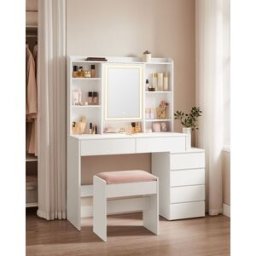 VASAGLE Coiffeuse avec grand miroir LED à luminosité réglable, Blanc Nuage / 40 x 118,3 x 145 cm / coiffeuse + Tabouret
