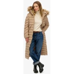 Superdry Femme Fuji Doudoune Longue Capuche Fourrure Beige Taille: 42