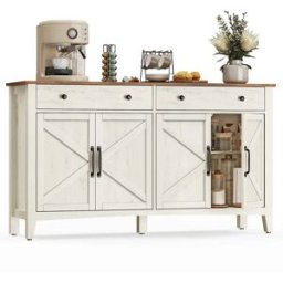 VASAGLE Buffet style campagne avec portes et étagère réglable, Blanc Rustique + Marron Miel / 4 Portes (40 x 140 x 80 cm)