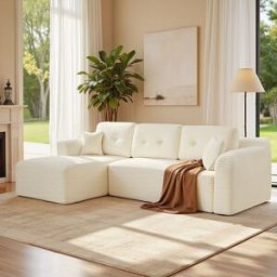 VASAGLE Canapé d'angle modulable avec grande méridienne confortable, Blanc Crème / grande méridienne à gauche