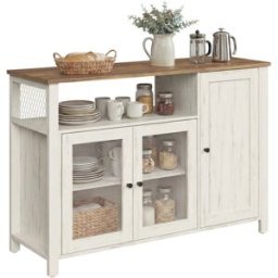 VASAGLE Meuble de rangement avec 3 portes, Marron Miel + Blanc Rustique