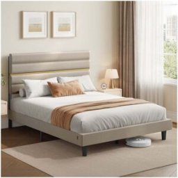 VASAGLE Lit double avec tête rembourrée ajustable en métal et bois, Beige Cappuccino / 160l x 200L cm