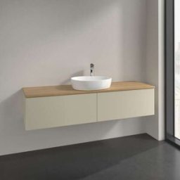 Villeroy und Boch Meuble vasque Villeroy & Boch Antao L36051HJ avec éclairage, 2 tiroirs, 1600 x 360 x 500 mm, façade lisse, laque mate gris soie / chêne miel, perçage robinetterie, plan vasque couleur chêne miel, laque mate gris soie